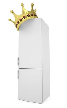 White refrigerator and gold crown. Isolated render on a white background