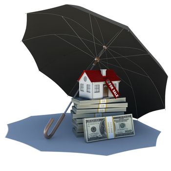 Umbrella covers a small house and money. Isolated render on a white background