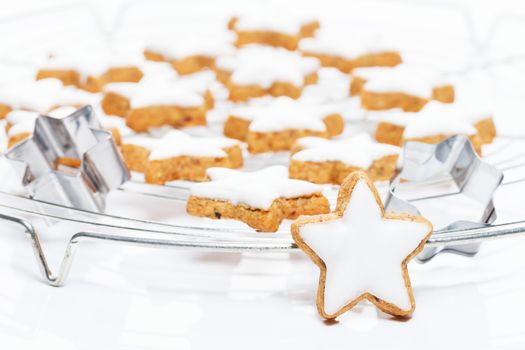 standing christmas cinnamon star in front of a cooling grid with many cinnamon stars