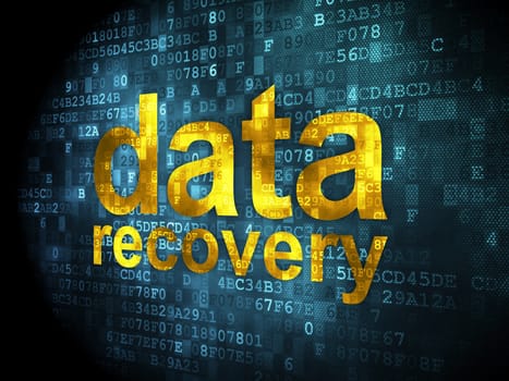Information concept: pixelated words data recovery on digital background, 3d render