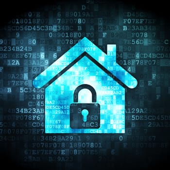 Security concept: pixelated home icon on digital background, 3d render