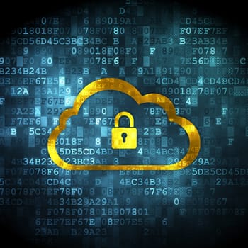 Cloud computing concept: pixelated Cloud With Padlock icon on digital background, 3d render