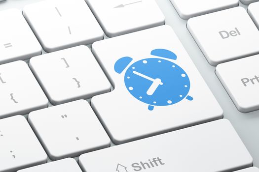 Timeline concept: Enter button with Alarm Clock on computer keyboard background, 3d render