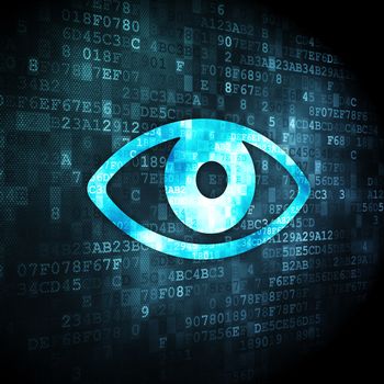 Privacy concept: pixelated Eye icon on digital background, 3d render