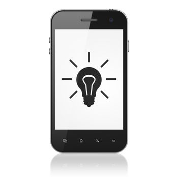 Business concept: smartphone with Light Bulb icon on display. Mobile smart phone on White background, cell phone 3d render