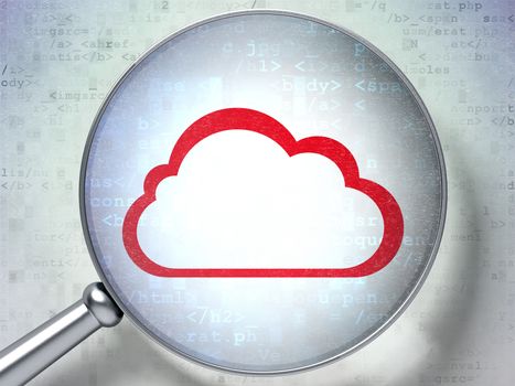 Cloud computing concept: magnifying optical glass with Cloud icon on digital background, 3d render