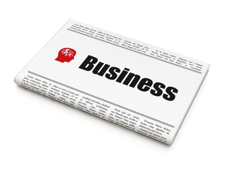 Finance news concept: newspaper headline Business and Head With Finance Symbol icon on White background, 3d render