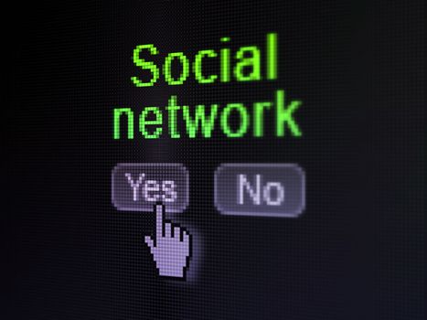 Social network concept: buttons yes and no with pixelated word Social Network and Hand cursor on digital computer screen, 3d render