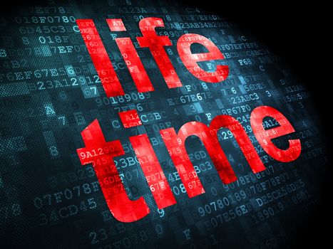 Timeline concept: pixelated words Life Time on digital background, 3d render