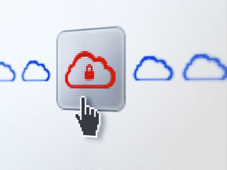 Cloud networking concept: pixelated Cloud With Padlock icon on button with Hand cursor on digital computer screen, selected focus 3d render