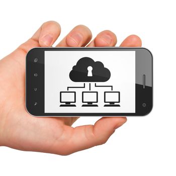 Safety concept: hand holding smartphone with Cloud Network on display. Mobile smart phone in hand on White background, 3d render