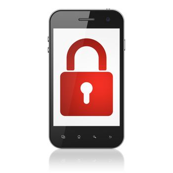 Privacy concept: smartphone with Closed Padlock icon on display. Mobile smart phone on White background, cell phone 3d render