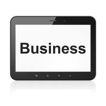 Finance concept: black tablet pc computer with text Business on display. Modern portable touch pad on White background, 3d render