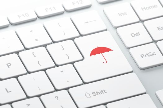 Protection concept: enter button with Umbrella on computer keyboard background, 3d render, selected focus