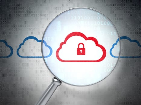 Cloud networking concept: magnifying optical glass with Cloud With Padlock icons on digital background, 3d render