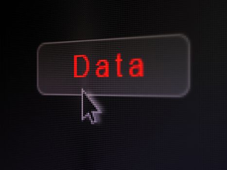 Data concept: pixelated words Data on button with Arrow cursor on digital computer screen background, selected focus 3d render