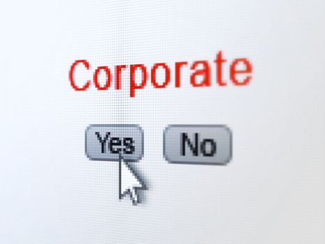 Business concept: buttons yes and no with pixelated word Corporate and Arrow cursor on digital computer screen, selected focus 3d render