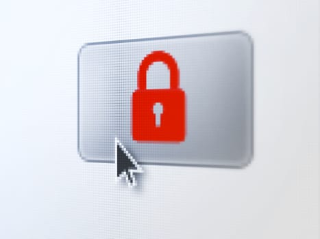 Security concept: pixelated Closed Padlock on button with Arrow cursor on digital computer screen, selected focus 3d render