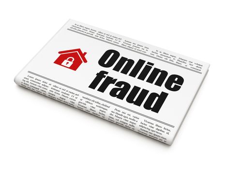 Security news concept: newspaper headline Online Fraud and Home icon on White background, 3d render