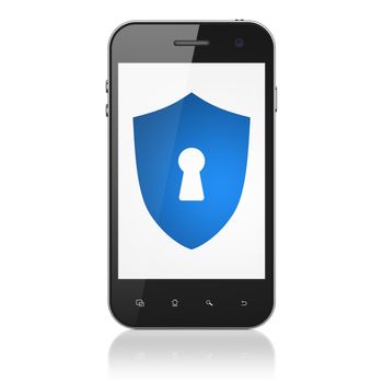 Safety concept: smartphone with Shield With Keyhole icon on display. Mobile smart phone on White background, cell phone 3d render