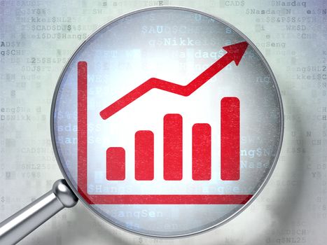 Finance concept: magnifying optical glass with Growth Graph icon on digital background, 3d render