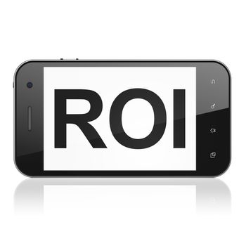 Business concept: smartphone with text ROI on display. Mobile smart phone on White background, cell phone 3d render