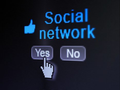 Social network concept: buttons yes and no with pixelated Like icon, word Social Network and Hand cursor on digital screen, 3d render