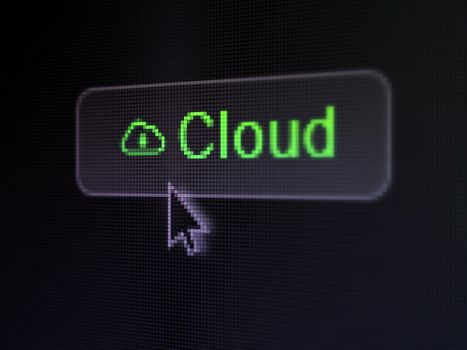 Cloud technology concept: pixelated words Cloud and Cloud With Padlock icon on button withArrow cursor on digital background, 3d render