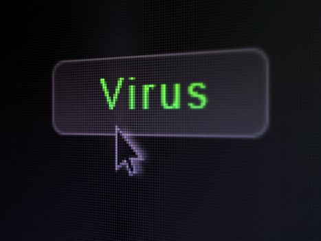 Safety concept: pixelated words Virus on button with Arrow cursor on digital computer screen background, selected focus 3d render
