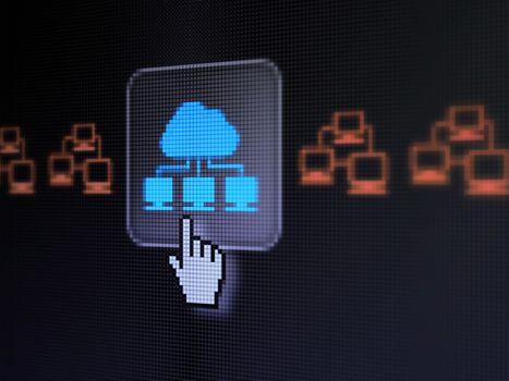 Cloud technology concept: pixelated Cloud Technology icon on button with Hand cursor on digital computer screen, selected focus 3d render