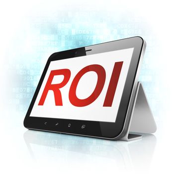 Business concept: black tablet pc computer with text ROI on display. Modern portable touch pad on Blue Digital background, 3d render