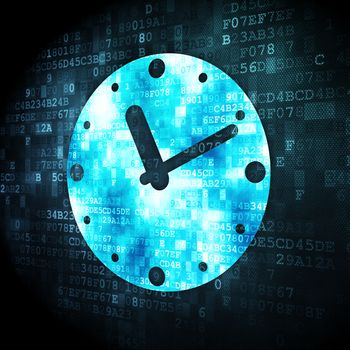 Timeline concept: pixelated Clock icon on digital background, 3d render