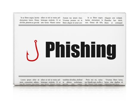 Safety news concept: newspaper headline Phishing and Fishing Hook icon on White background, 3d render