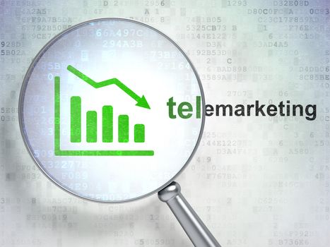 Marketing concept: magnifying optical glass with Decline Graph icon and Telemarketing word on digital background, 3d render