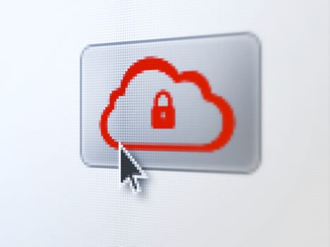 Cloud computing concept: pixelated Cloud With Padlock on button with Arrow cursor on digital computer screen, selected focus 3d render