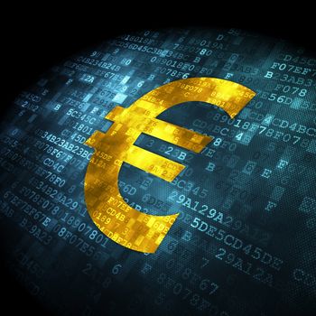 Currency concept: pixelated Euro icon on digital background, 3d render