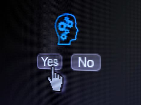 Education concept: buttons yes and no with pixelated Head With Gears icon and Hand cursor on digital computer screen, 3d render