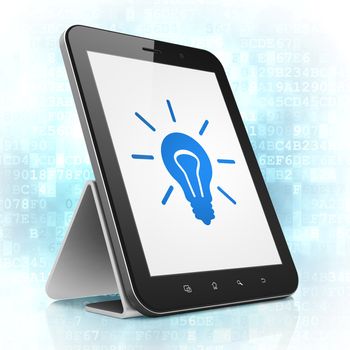 Business concept: black tablet pc computer with Light Bulb icon on display. Modern portable touch pad on Blue Digital background, 3d render