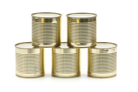 Stack of five tin cans over white