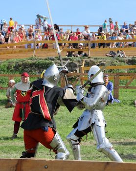KHOTYN - MAY 10: Knights fighting during Festival Medieval Khotyn on May 10, 2013, Ukraine