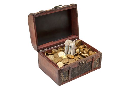 Old wooden chest with golden coins isolated on white background 