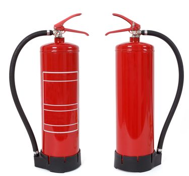 front and back view of fire extinguisher isolated on white