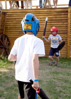 KHOTYN - MAY 10: Unidentified boys fights during Festival Medieval Khotyn on May 10, Ukraine