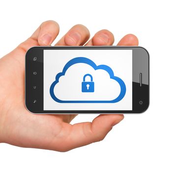 Cloud networking concept: hand holding smartphone with Cloud With Padlock on display. Smart phone in hand on White background, 3d render