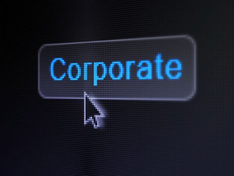 Finance concept: pixelated words Corporate on button with Arrow cursor on digital computer screen background, selected focus 3d render