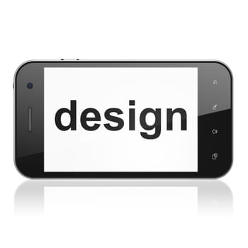 Advertising concept: smartphone with text Design on display. Mobile smart phone on White background, cell phone 3d render