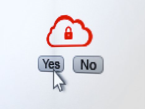 Cloud computing concept: buttons yes and no with Cloud With Padlock icon and Arrow cursor on digital screen, selected focus 3d render