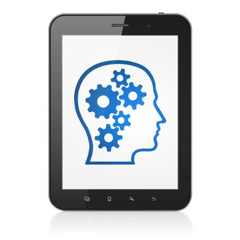 Information concept: black tablet pc computer with Head With Gears icon on display. Modern portable touch pad on White background, 3d render