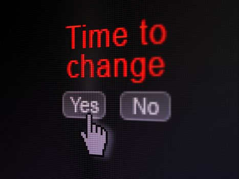 Time concept: buttons yes and no with pixelated word Time to Change and Hand cursor on digital computer screen, selected focus 3d render