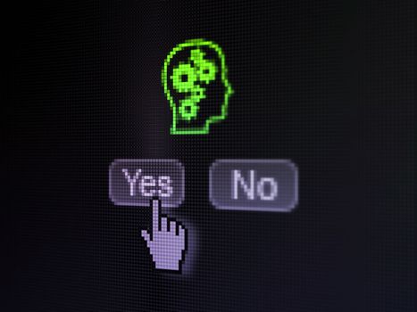 Finance concept: buttons yes and no with pixelated Head With Gears icon and Hand cursor on digital computer screen, selected focus 3d render